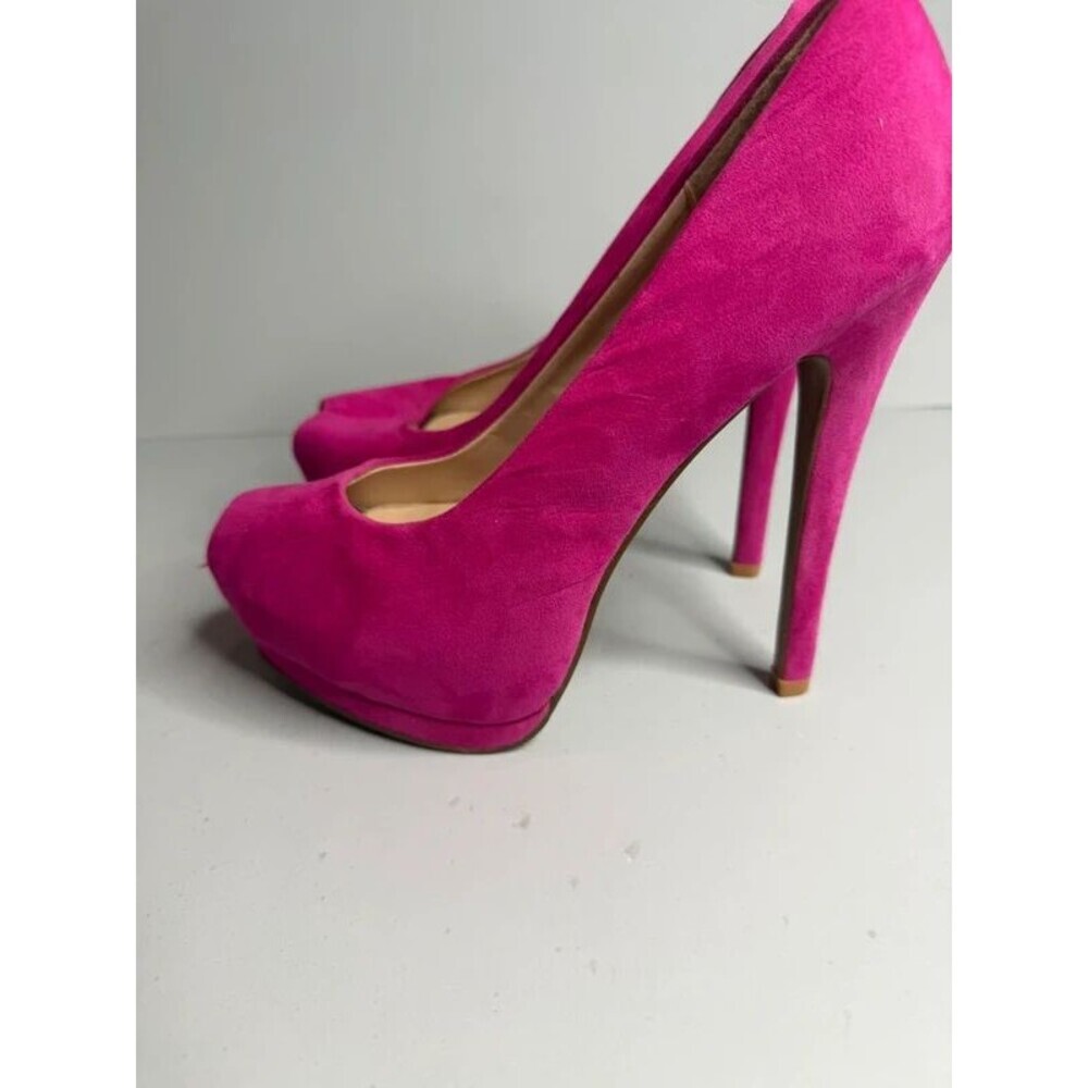 ShoeDazzle Pink Fuchsia Suede Peep Toe Platform Pumps Size 8.5 Heel Stiletto - Picture 2 of 7